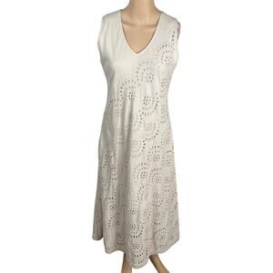 Vtg Y2K Fly Italy Beige Cotton Scalloped Eyelet A-line Midi Dress SZ M/L
